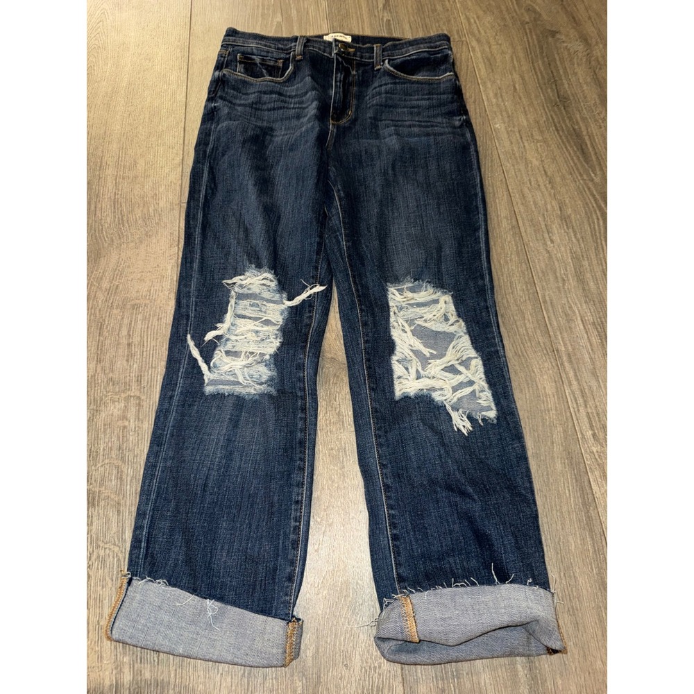 L'AGENCE Women 29 Distressed Straight Leg Jeans Dark Wash Raw Hem Cuffed Blue